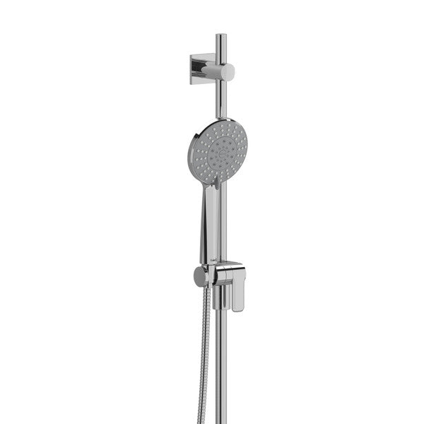 Modern chrome shower system with adjustable handheld showerhead.