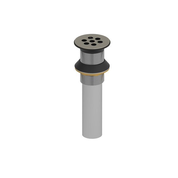 Sink drain stopper with a metal and rubber design.