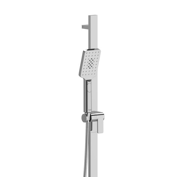 Modern shower head with a sleek design mounted on a vertical pole