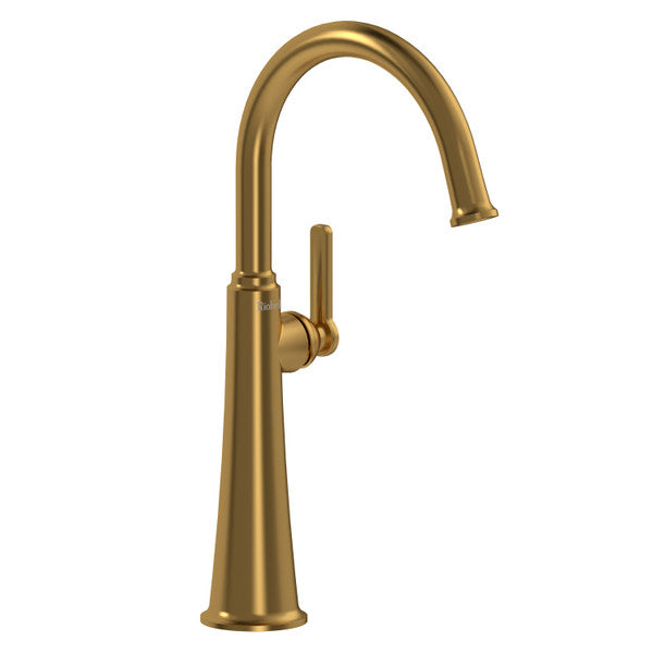 Stylish gold kitchen faucet with a curved spout and lever handle.