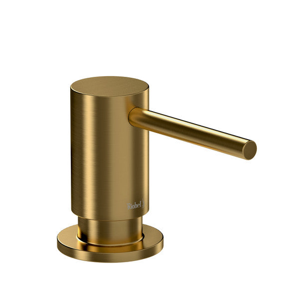 Modern gold soap dispenser with a cylindrical design and lever handle