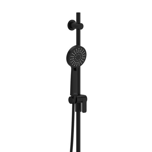 Modern black showerhead with adjustable height and hose.