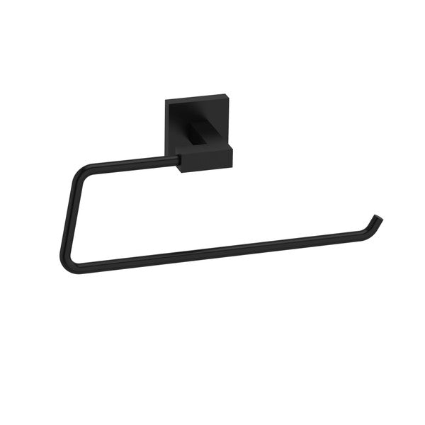 Black toilet paper holder with a modern design