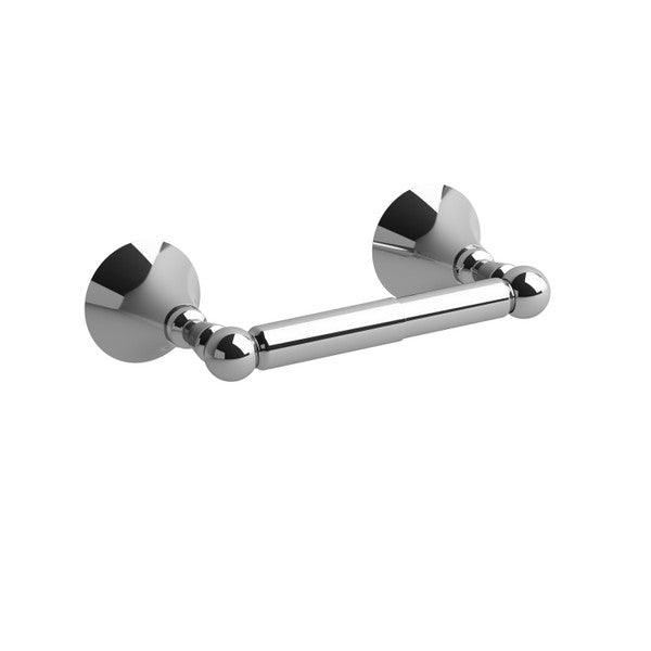 Chrome grab bar mounted on two circular wall brackets.