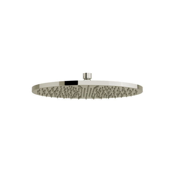 Round chrome shower head with multiple spray nozzles.