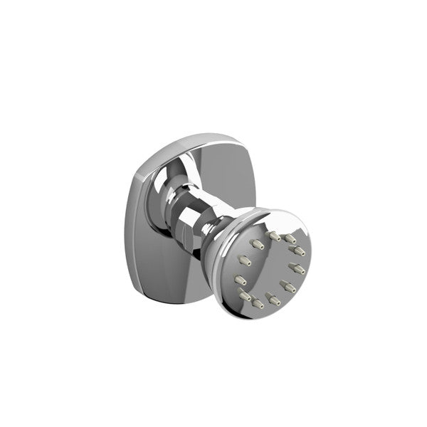 Close-up of a chrome door knob with a circular design.