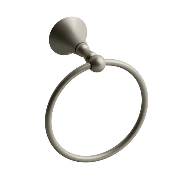 Brushed metal towel ring mounted on a wall
