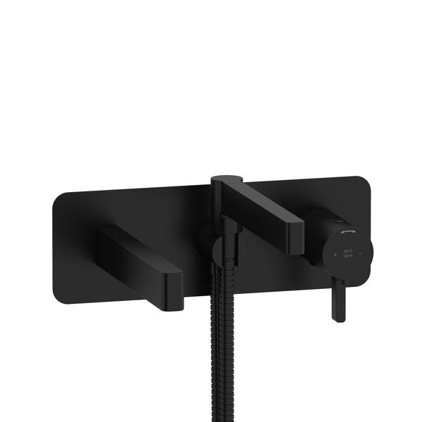 Black wall-mounted shower faucet with a sleek design.