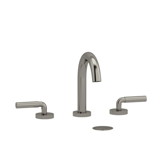 Modern chrome bathroom faucet with two handles and a pop-up drain.