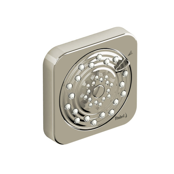 A modern showerhead with a circular design, featuring multiple spray nozzles.
