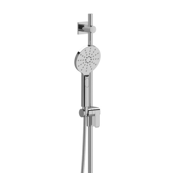Modern chrome handheld shower head on adjustable mount