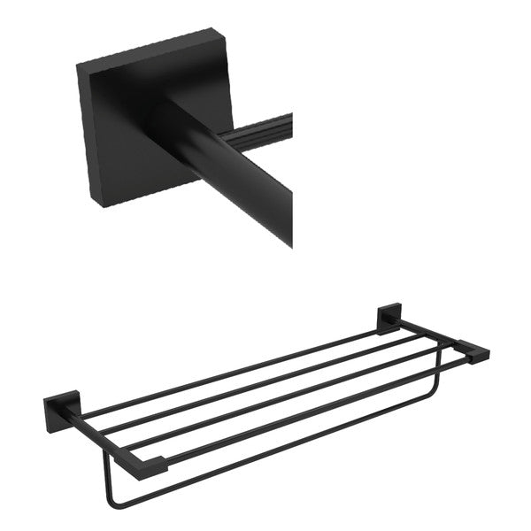 Black metal towel rack with four horizontal bars and wall-mounted supports.