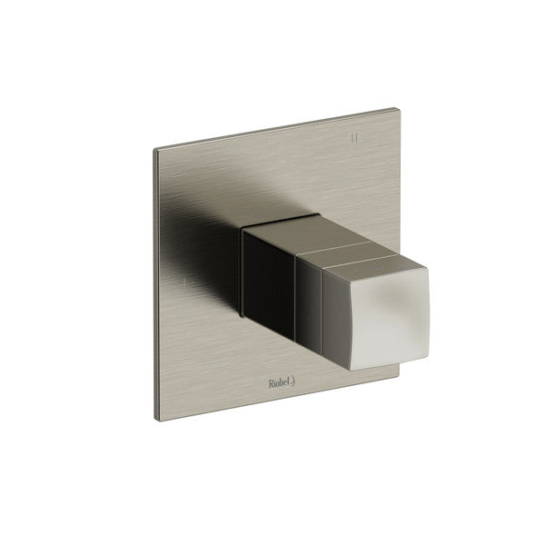 Modern square-shaped faucet handle on a metallic plate.