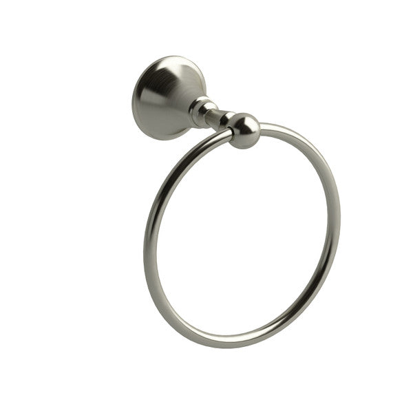Stylish metal towel ring mounted on a wall.