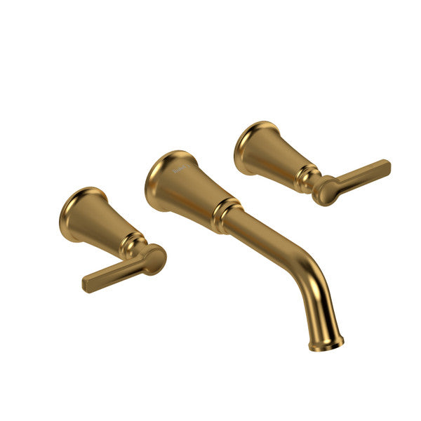 Gold bathroom faucet set with two handles and a spout