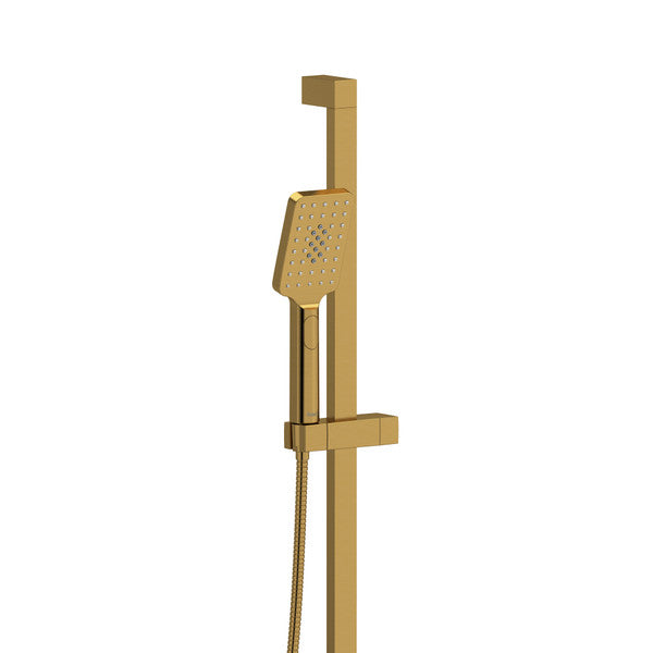 Modern gold showerhead with a linear design.
