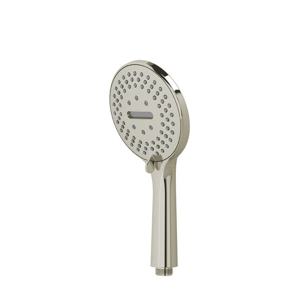 A modern showerhead with a round design and multiple spray nozzles.