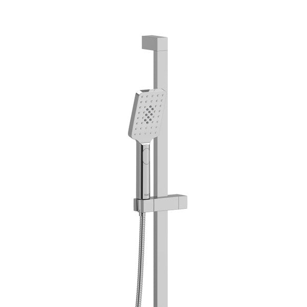 Modern showerhead mounted on a vertical rail.