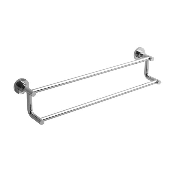 A chrome double towel bar mounted on a wall.