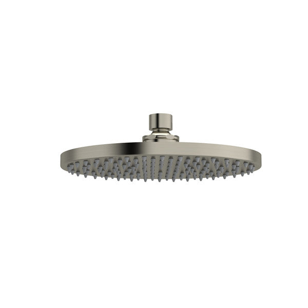 Round metallic showerhead with multiple nozzles.