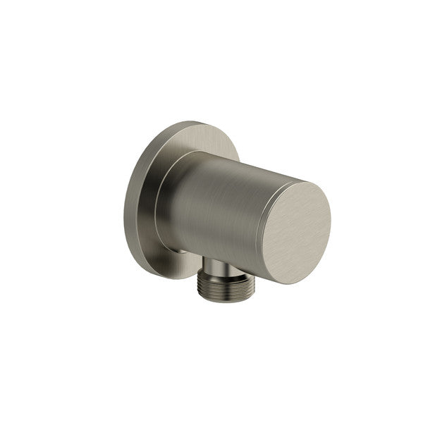 Close-up of a modern wall-mounted brushed nickel plumbing fixture.