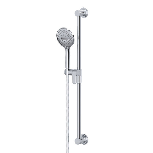 Chrome handheld shower head with adjustable slide bar.