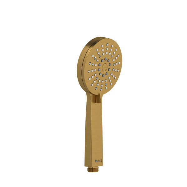 A gold showerhead with a round shape and multiple water outlets.