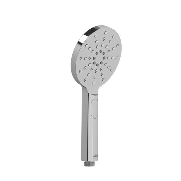A modern chrome showerhead with multiple spray holes.