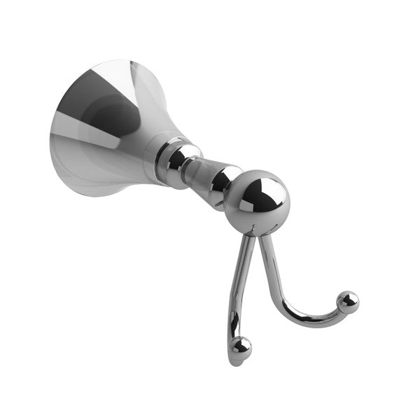 A shiny chrome wall hook with a decorative base.