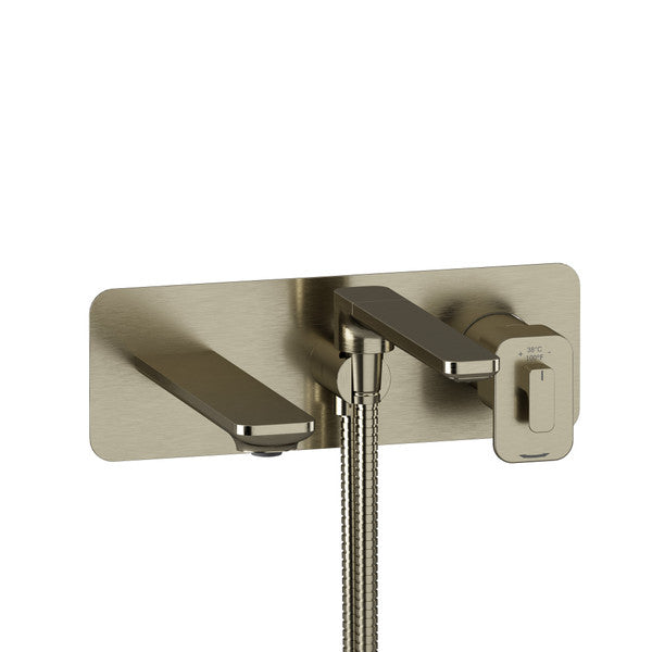 Modern wall-mounted bathtub faucet with two levers and a handheld shower attachment.