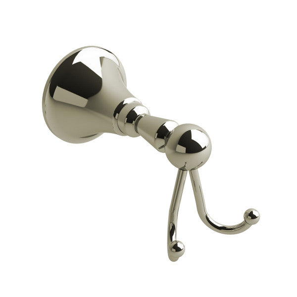 A metallic wall hook with a polished finish.