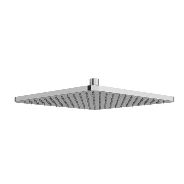 A sleek, modern square shower head in chrome finish.