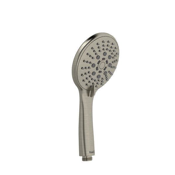 A metallic showerhead with a round face and multiple spray holes.