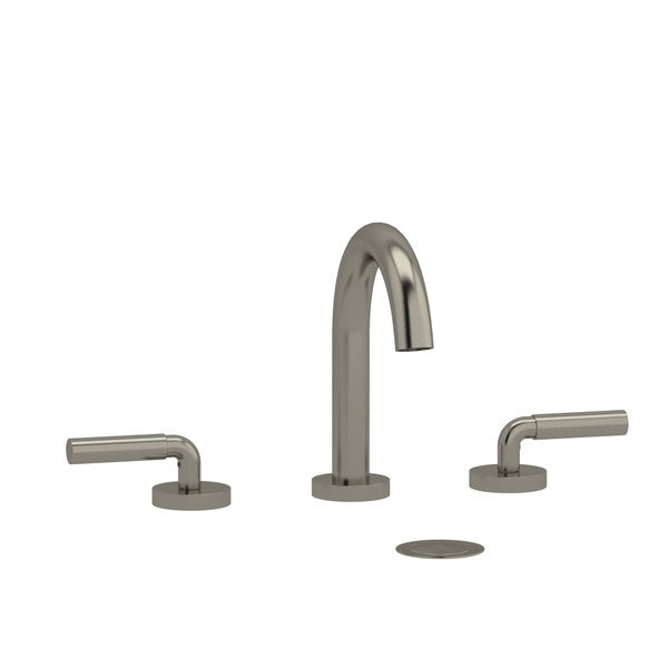 Modern kitchen faucet with two handles and a circular drain cover.