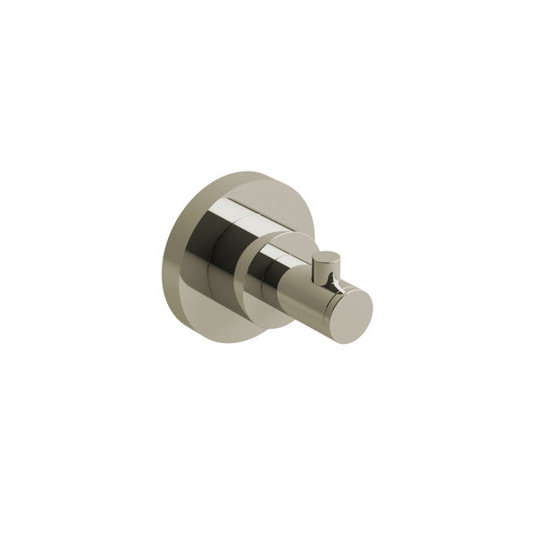 A sleek, modern wall-mounted coat hook in a polished metallic finish.