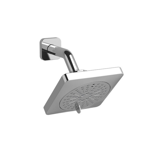 A modern chrome shower head mounted on a wall.