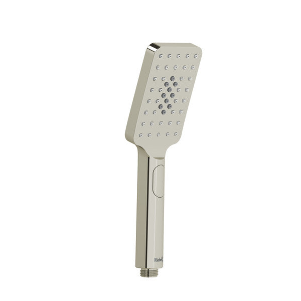 Silver showerhead with a rectangular spray face.