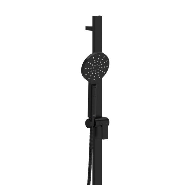Black shower system with a round rain shower head and handheld nozzle