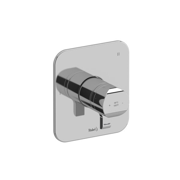 A modern chrome shower control valve mounted on a square wall plate.