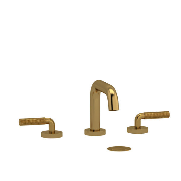 Contemporary gold faucet set with two handles and a matching drain cover