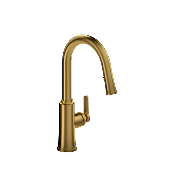 Modern gold kitchen faucet with a curved spout