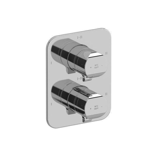 A chrome shower control panel with two knobs on a square plate.
