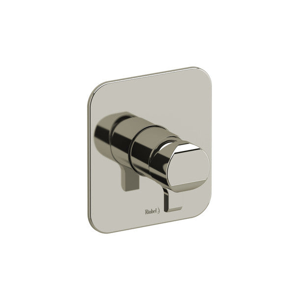 Modern silver faucet handle mounted on a square plate