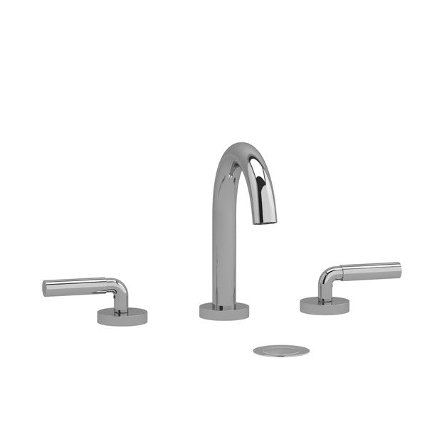 Modern chrome faucet with two lever handles and a pop-up drain
