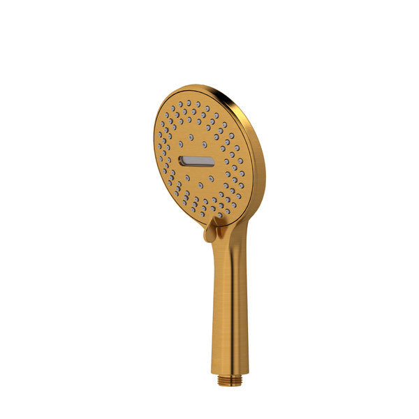 Gold shower head with a round design and multiple spray holes