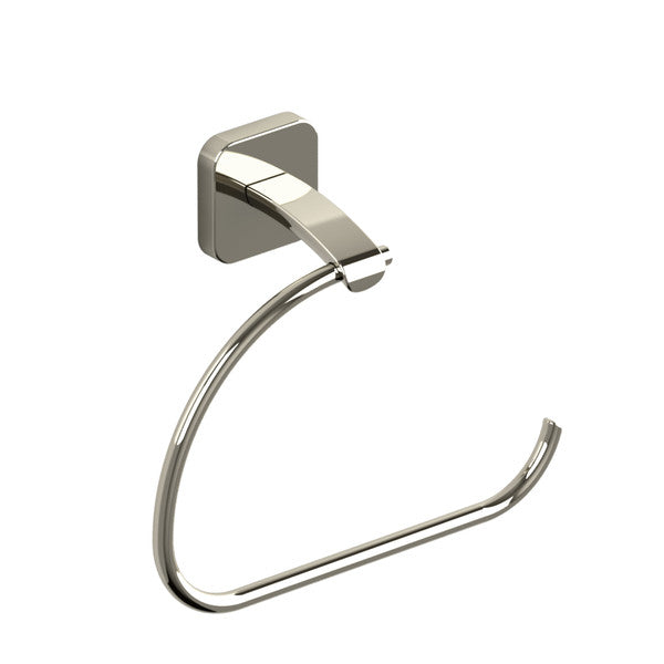 A modern chrome towel holder mounted on a wall.