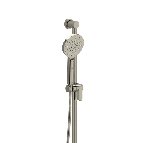 Modern stainless steel handheld shower head with adjustable holder.