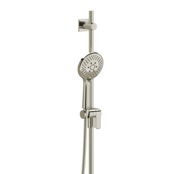 Chrome handheld showerhead attached to a vertical slide bar.