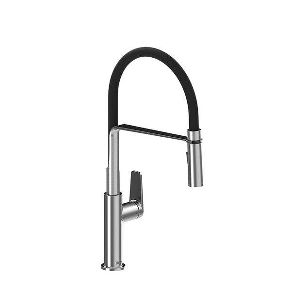 Modern kitchen faucet with a flexible black hose and stainless steel finish