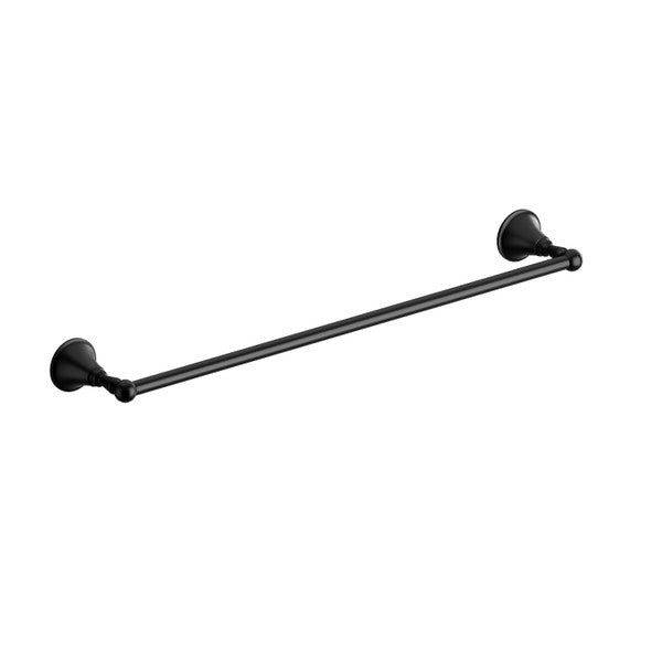 Black towel bar mounted on wall supports